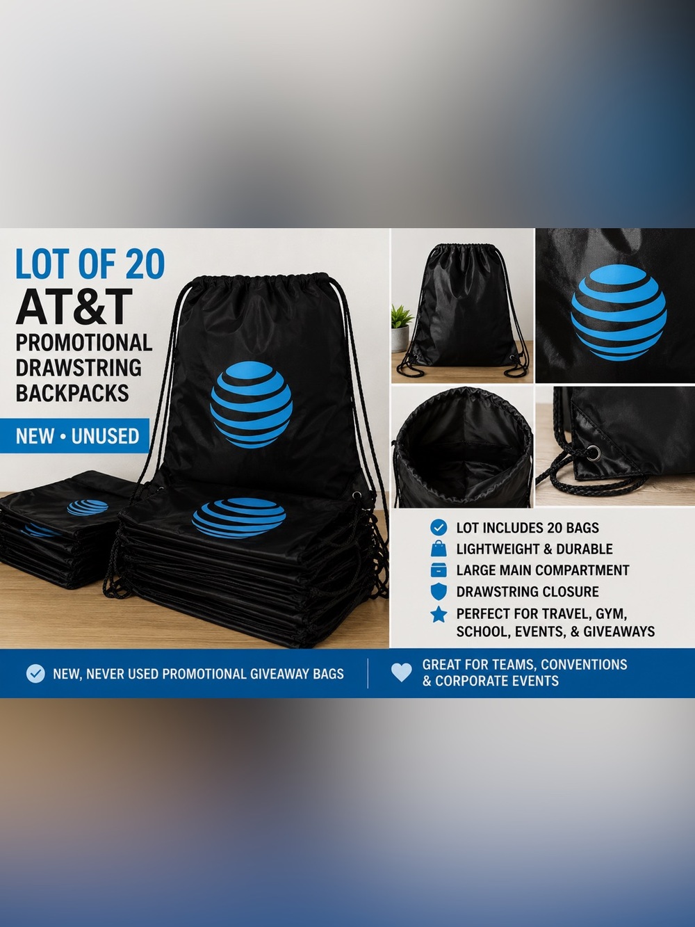 Lot of 20 NEW AT&T Promotional Drawstring Backpack Cinch Sack